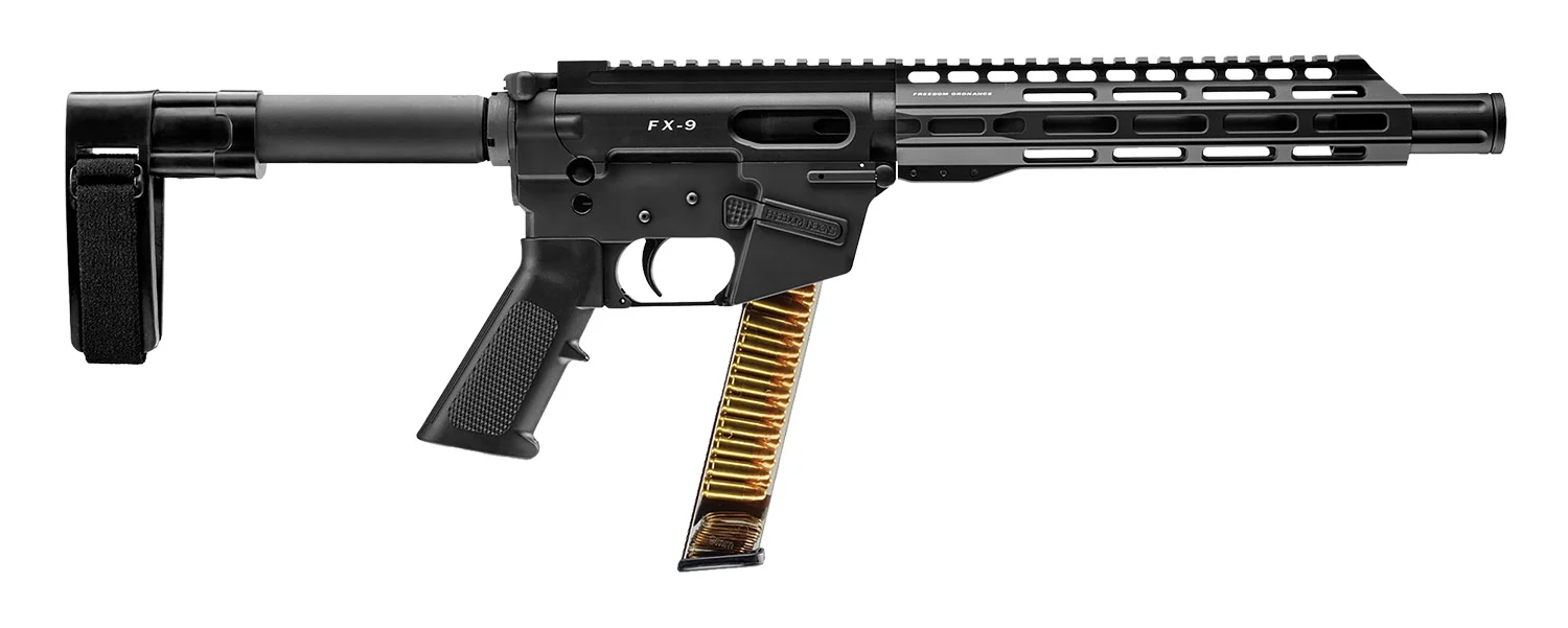 FREEDOM ORDNANCE FX9P10SBM FX-9 9mm Luger 32+1 10″, Black, M-LOK Handguard, SB Mini Brace, A2 Grip, 3″ Faux Suppressor