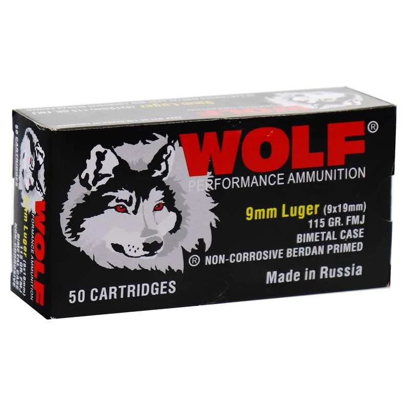 wolf 9mm Luger 115gr FMJ Steel – 50rd